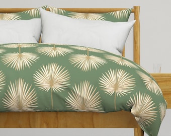 Cream Palm Fronds Bedding - Coastal Green by deborahrichmond - Coastal Fan Palm  Cotton Sateen Duvet Cover OR Pillow Shams by Spoonflower