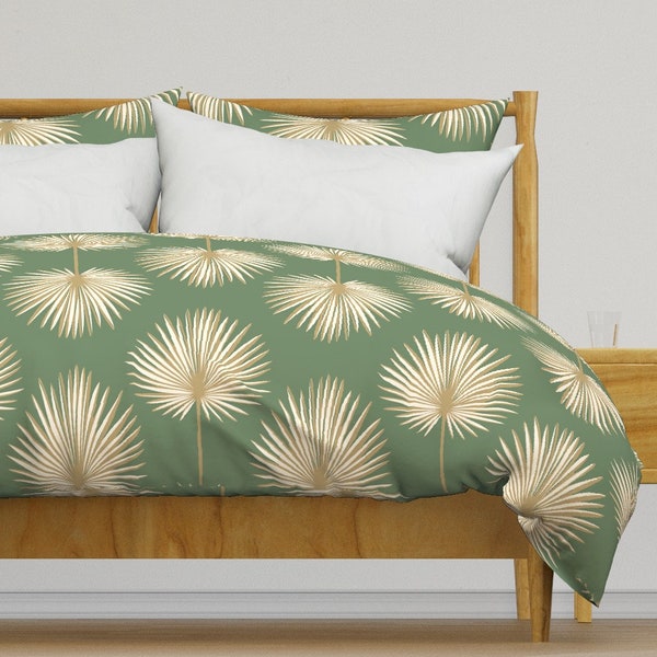 Cream Palm Fronds Bedding - Coastal Green by deborahrichmond - Coastal Fan Palm  Cotton Sateen Duvet Cover OR Pillow Shams by Spoonflower