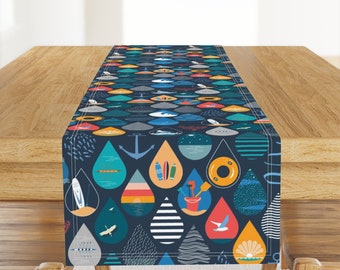 Nautical Icons Table Runner - Waterways by agathests - Fish Water Wave Lake Coral Deep River Canal Cotton Sateen Table Runner by Spoonflower