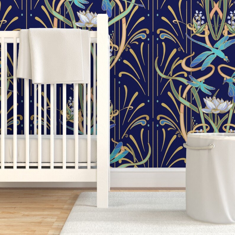 Bold Art Nouveau Wallpaper Art Nouveau Dragonflies Blue by Etsy