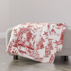 Romantic Victorian Throw Blanket - Whimsical Red Toile by chicca_besso - Red White Vintage Throw Blanket with Spoonflower Fabric
