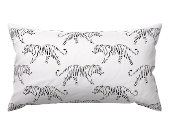 Tiger Accent Pillow - Minimalist White Tiger by eclectic_house - Modern Animal Print Monochrome Rectangle Lumbar Throw Pillow by Spoonflower