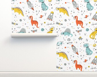 Whimsical Dinos Commercial Grade Wallpaper - Sketchy Space Dinosaurs by latheandquill - Outer Space  Wallpaper Double Roll by Spoonflower