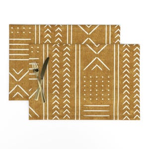 Geometric Stripe Placemats (Set of 2) - Mustard Mudcloth by littlearrowdecor - Mustard Gold Weathered Look Cloth Placemats by Spoonflower