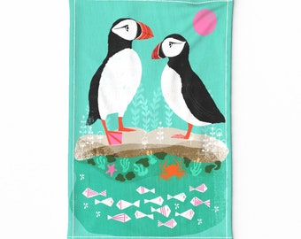 Pano de prato Puffin - Puffins por andrea_lauren - Pássaro Ártico Animal Caprichoso Ilustração Linho Algodão Lona Pano de prato por Spoonflower
