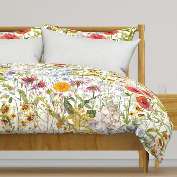 Wildflowers Bedding - The Flowers In My Garden  by ramarama - Green Red Floral Ink  Cotton Sateen Duvet Cover OR Pillow Shams by Spoonflower