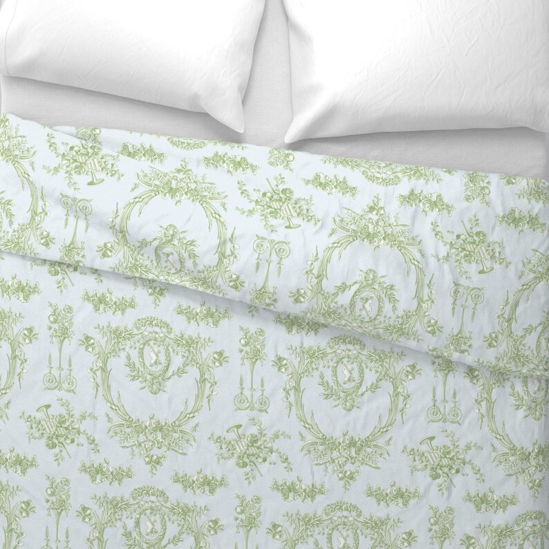 French Duvet Cover Marie Toile Basil Green on Blue by Etsy
