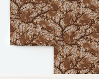 Woodland Non-Pasted Wallpaper Oak Tree Earth Tones Autumn Fall Acorn Forest - Squirrels by rebelform Wallpaper by Spoonflower