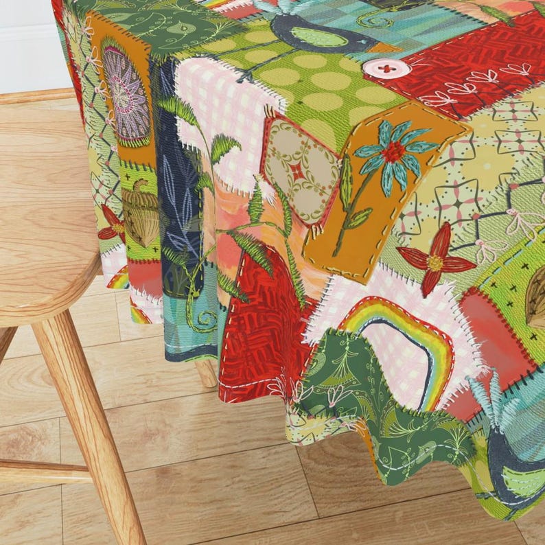 Farm Patchwork Tablecloth Mending Day by Jennifergeldard Birds Blue