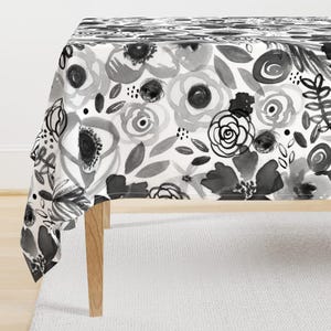 Black And White Tablecloth - Bohemian Bouquet by robyriker - Monochrome Floral Grayscale Flowers Cotton Sateen Tablecloth by Spoonflower
