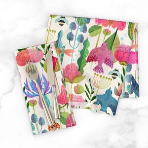 Flowers Dinner Napkins Set of 2 Onwards And Upwards Light by rebelform Floral Nature Birds Happy Fun Cloth Napkins by Spoonflower image 2