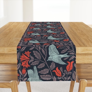Floral Table Runner - Spring Birds Scandinavian Folk Art Nature Animal  Cotton Sateen Table Runner - Scandinavian Birds by jillcookdesigns