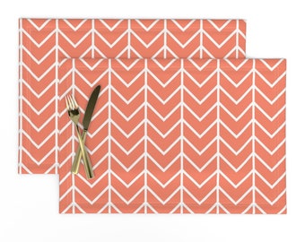 Coral Placemats (Set of 2) - Coral Chevron by ivieclothco - White Chevron Zig Zag Abstract Geometric Cloth Placemats by Spoonflower