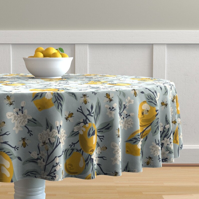 Lemon Round Tablecloth Bees And Lemons Blue Large by Etsy