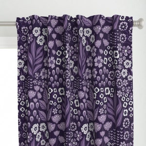 Whimsical Flowers Curtain Panel - Midnight Purple Floral by priraj_designs - Cottage Garden Moody Fairy Custom Curtain Panel by Spoonflower