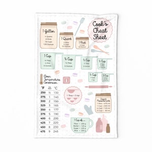 May include: A pink and green kitchen towel with a white background. The towel has a chart with cooking measurements and conversions, including gallons, quarts, pints, cups, ounces, tablespoons, teaspoons, and Fahrenheit to Celsius conversions. The text "Cook's Cheat Sheet" is at the top of the towel.
