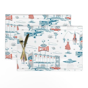 Retro Placemats Set of 2 - Car Mid-century Alien Toile Ufo Sci Fi Atomic Desert Spaceship Motel Cloth Placemats - Sky-lit Motel by ruby_ritz