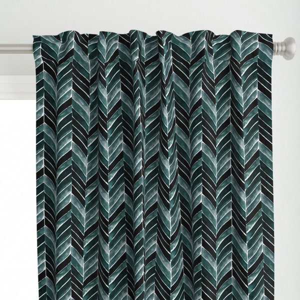 Teal Chevron Stripe Curtain Panel - Deep Blue Green Chevron by crystal_walen - Herringbone Green Blue Custom Curtain Panel by Spoonflower