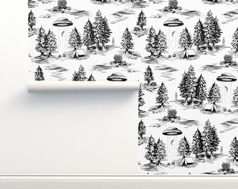 Papel pintado de ovnis sin adhesivo, caprichoso y a gran escala - Abducción alienígena Toile De Jouy de somecallmebeth Papel pintado en rollo doble de Spoonflower