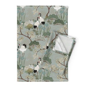 Japanese Cranes Tea Towels (Set of 2) - Japanese Garden Sage  by juditgueth - Chinoiserie Linen Cotton Tea Towels by Spoonflower