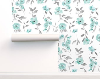 Watercolor Floral Wallpaper - Poppy Floral Mint Grey  by sugarpinedesign - Aqua Grey  Feminine Poppies Wallpaper Double Roll by Spoonflower