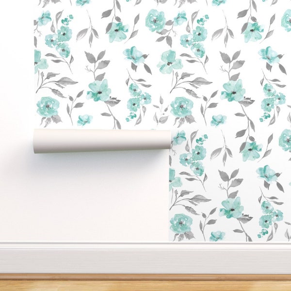 Watercolor Floral Commercial Grade Wallpaper - Poppy Floral Mint Grey  by sugarpinedesign - Aqua Grey Wallpaper Double Roll by Spoonflower
