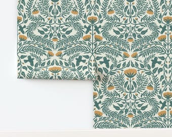 Green & Gold Non-Pasted Wallpaper Damask William Morris Botanical - Birds In The Brush by sofigraceillustration Wallpaper by Spoonflower