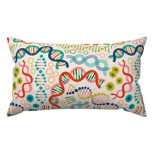 May include: A decorative throw pillow with a colorful DNA pattern. The pillow features a white background with red, blue, green, yellow, and pink DNA strands, circles, and hexagons.