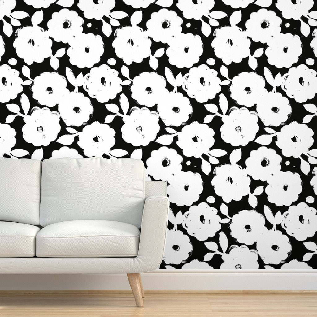 Graphic Floral Wallpaper Painted Flowers by ottomanbrim Etsy