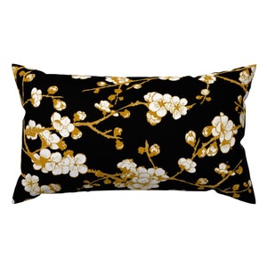 Japanese Lumbar Pillow - Sakura Black And Gold by chicca_besso - Spring Sakura Large Scale Chinoiserie Rectangle Accent Throw Pillow