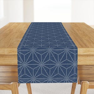 Boho Table Runner - Shibori Stars by kimsa - Blue Bohemian Japanese Inspired Navy Blue White Cotton Sateen Table Runner by Spoonflower