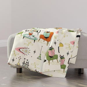Mid Century Modern Throw Blanket - Cozy Cats Den by studioxtine - Retro Cats 1950s Inspired Atomic Age Throw Blanket with Spoonflower Fabric