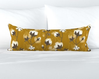 Cotton Bolls XL Lumbar Pillow - Cotton Pods Mustard by katevasilchenko -  White Flowers  Extra Large Rectangle Lumbar Pillow by Spoonflower