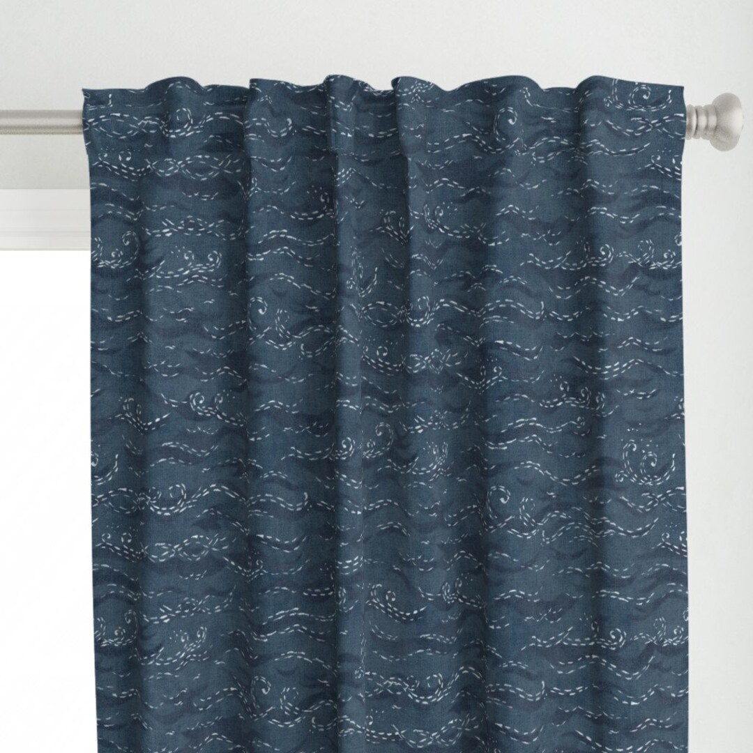 Indigo Blue Curtain Panel Sashiko Sea by Forest&sea Xl Scale Japanese