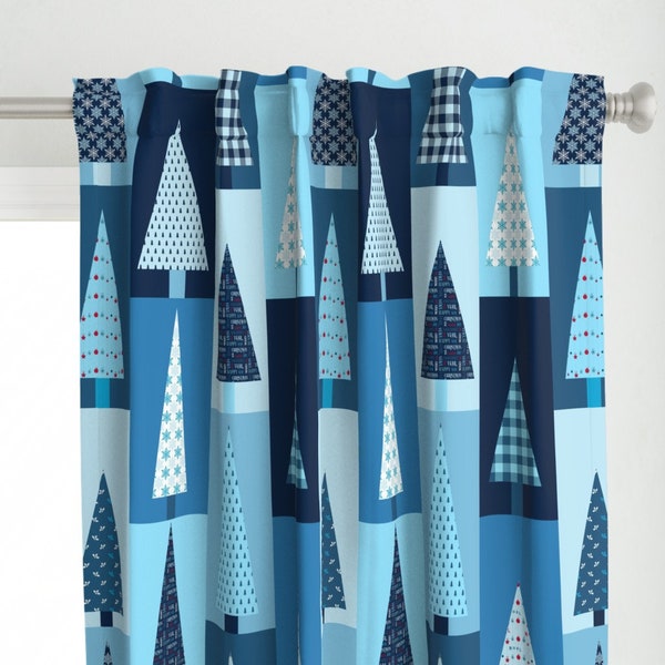 Christmas Trees Curtain Panel - Patchwork by fibracreativa - Faux Patchwork Blue Christmas Large Scale  Custom Curtain Panel by Spoonflower