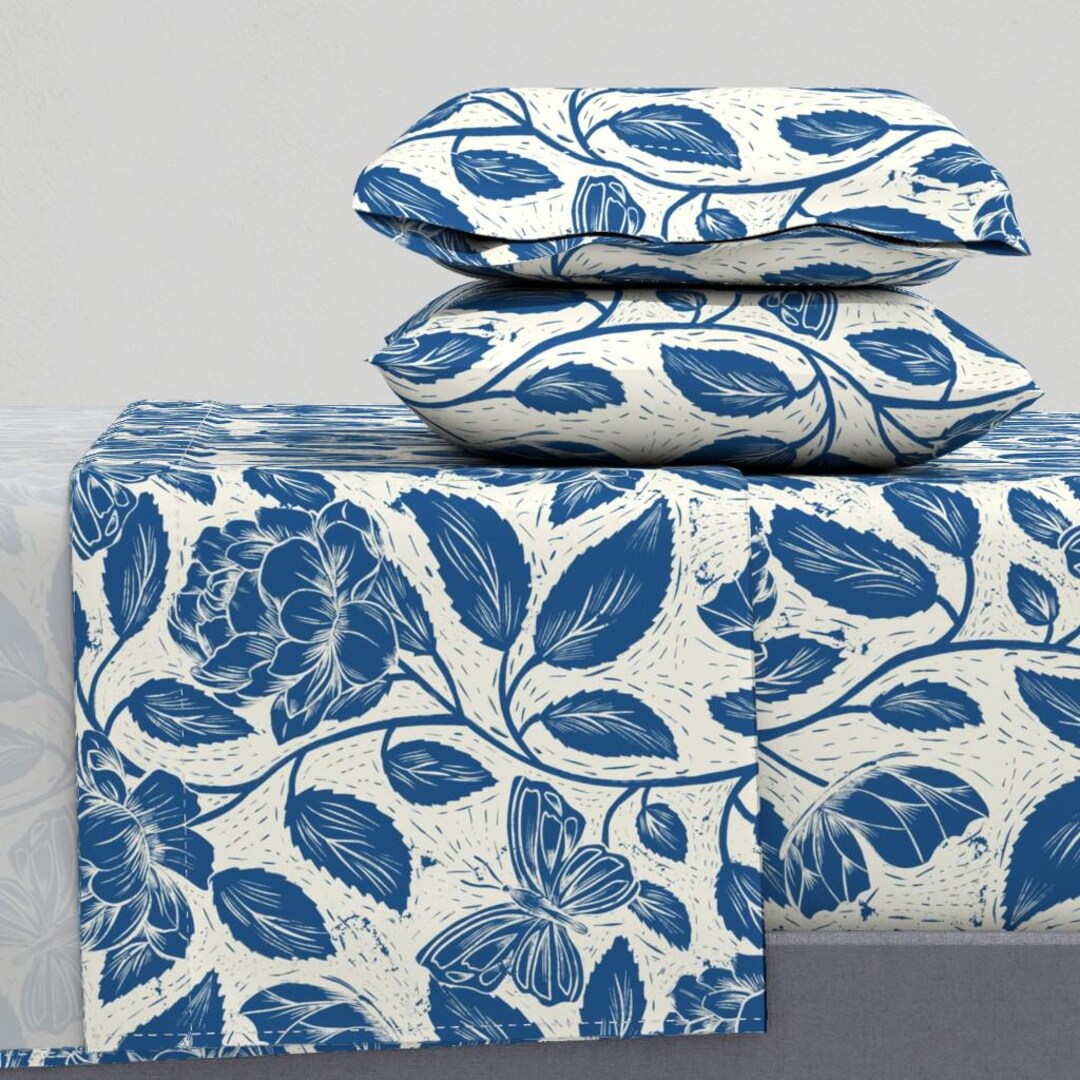 Blue Block Print Sheets - Peony Butterfly Floral by Nakiza_designs ...