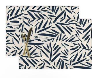 Boho Placemats Set of 2 - Jungle Indigo Blue Navy Tropical Botanical Palm Leaves  Cloth Placemats - Brush Stroke Leaves  by crystal_walen