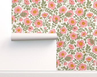 Vintage Look Floral Commercial Grade Wallpaper - Wild Coral Roses by olgakorneeva - Pink Coral Chintz  Wallpaper Double Roll by Spoonflower