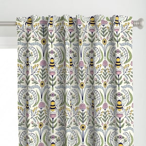 Colorful Bees Curtain Panel - Watercolor Bees by noristudio - Flowers Nature Art Nouveau Spring Damask Custom Curtain Panel by Spoonflower