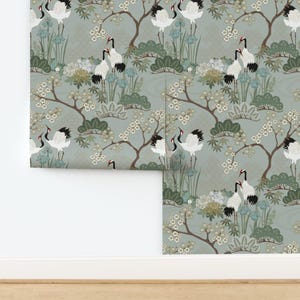 Crane Chinoiserie Non-Pasted Wallpaper - Japanese Garden Sage by juditgueth - Sakura Cherry Blossom Wallpaper Double Roll by Spoonflower