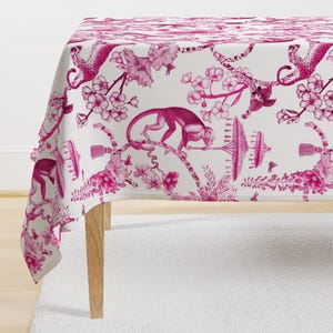 Maximalist Vintage Tablecloth - Chinoiserie by pattern_garden - Bright Pink Hot Pink Toile Cotton Sateen Tablecloth by Spoonflower