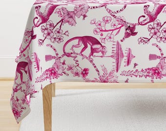 Maximalist Vintage Tablecloth - Chinoiserie by pattern_garden - Bright Pink Hot Pink Toile Cotton Sateen Tablecloth by Spoonflower