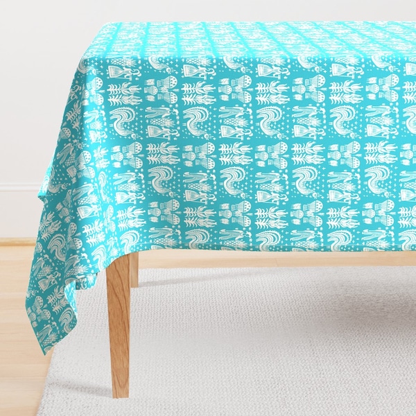 Vintage Kitchen Tablecloth - Folk White On Turquoise by buzzinbumble - Retro Turquoise Folk Art Cotton Sateen Tablecloth by Spoonflower