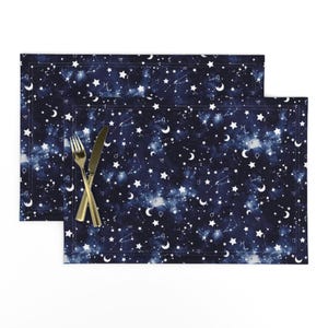 Constellations Placemats (Set of 2) - Zodiac Dark Blue by mjmstudio - Galaxy Starts Moon Sky Horoscope Cloth Placemats by Spoonflower