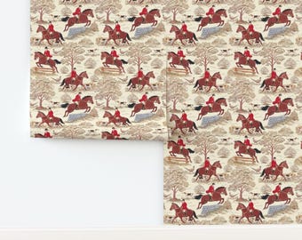 Horses Non-Pasted Wallpaper Hunting Fox Hunt Toile - Equestrian Countryside Toile by whimsical_brush Wallpaper Double Roll by Spoonflower