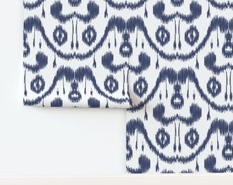 Ikat Non-Pasted Wallpaper Vintage Style Dark Blue Indigo Blue Ikat Wave Pattern - Ikat Waves Indigo by mjmstudio Wallpaper by Spoonflower
