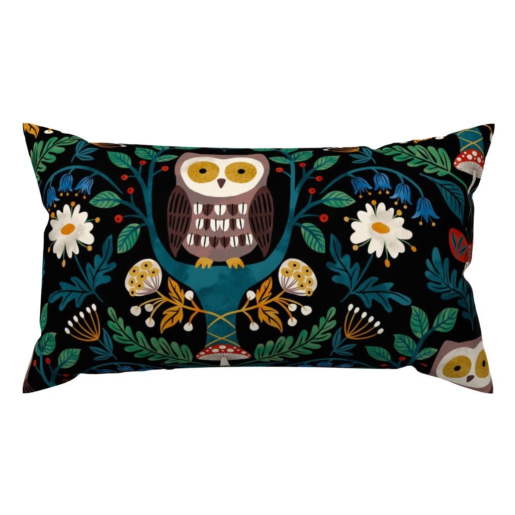 Owl Damask Lumbar Pillow - Nature Forest Nighttime Kids Scandinavian Rectangle Accent Throw Pillow -