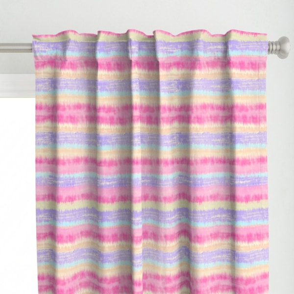 Boho Tie Dye Curtain Panel - Pastel Stripes by art-by-lang - Ombre Rainbow Pink Purple Hand Drawn Custom Curtain Panel by Spoonflower