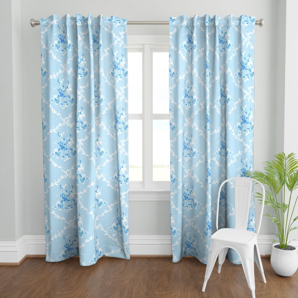 Blue And White Roses Curtain Panel Viola Damask by lilyoake Etsy