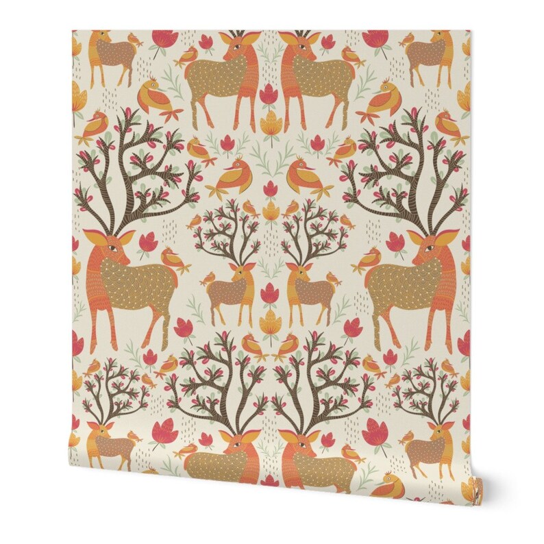 Deer Damask Wallpaper Tribal Art by Artypeaches Vintage Etsy